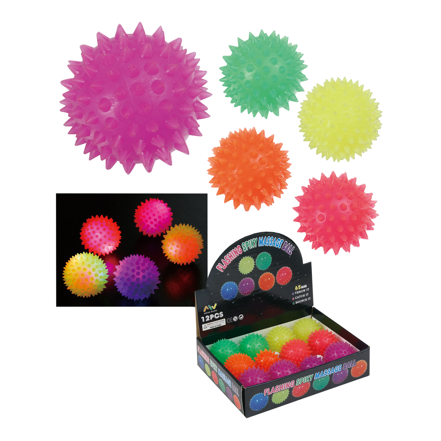 12PC FLASHING/SQUEAKY SPIKY BALL DISPLAY